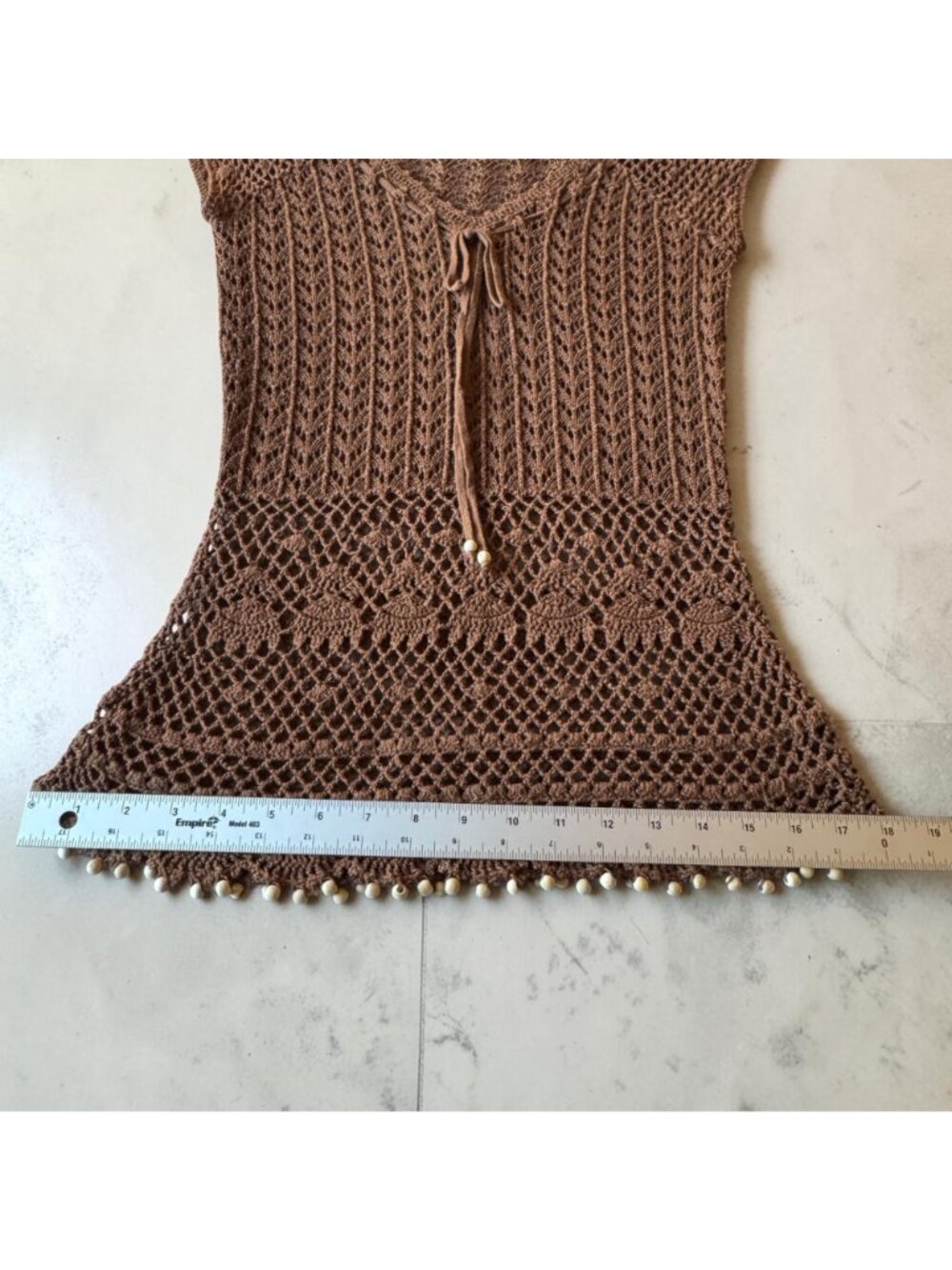 Crochet Brown Tunic Top Retro Boho with Cap Sleeves Tie Neck Detailed Bead Hem - Picture 8 of 13